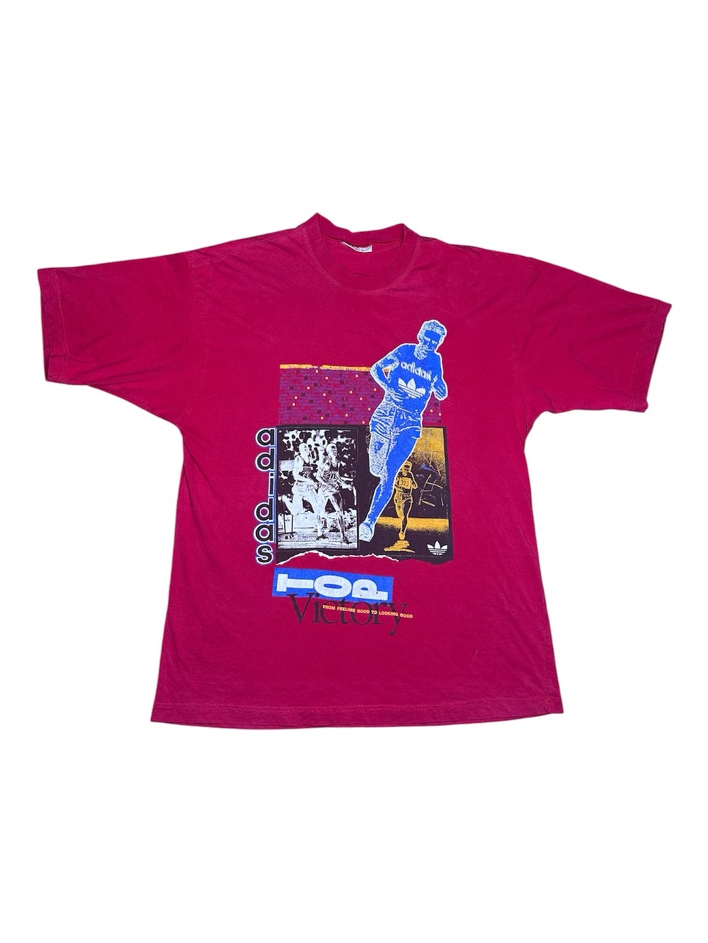 Vintage Red Adidas Graphic Tee with Victory Blue and Yellow Graphics